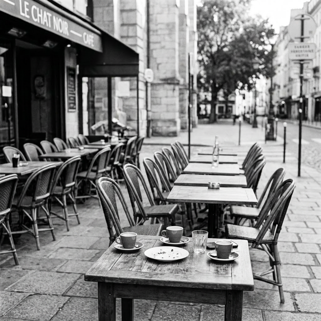 Three friends sitting outdoors at a cafe table enjoying coffee and laughing together