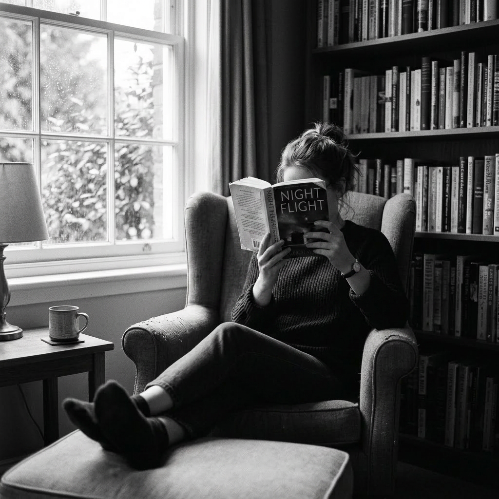 Woman reading the book 'Night Flight' while sitting in an armchair near a window