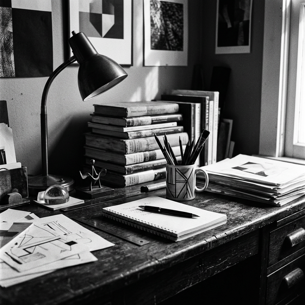 Wooden desk with stacked books, sketching tools in a mug, sketches, a notebook, and a desk lamp near a window