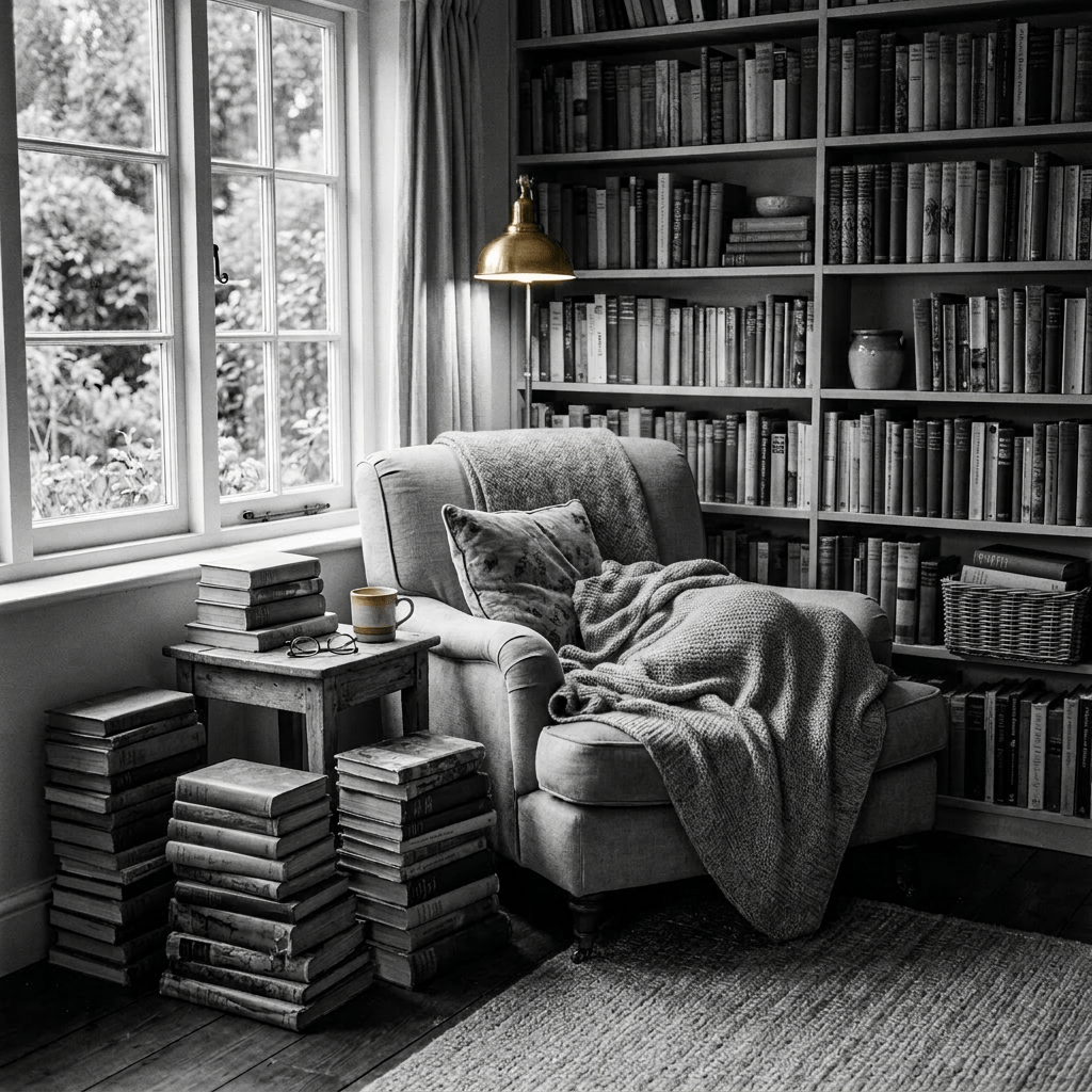 Person reading a book in a comfortable armchair with bookshelves and stacks of books around