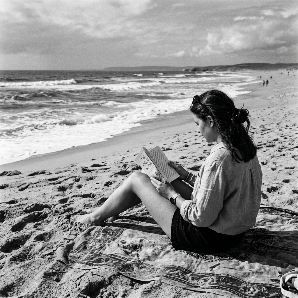Woman sitting on a beach towel reading a book near the ocean shore