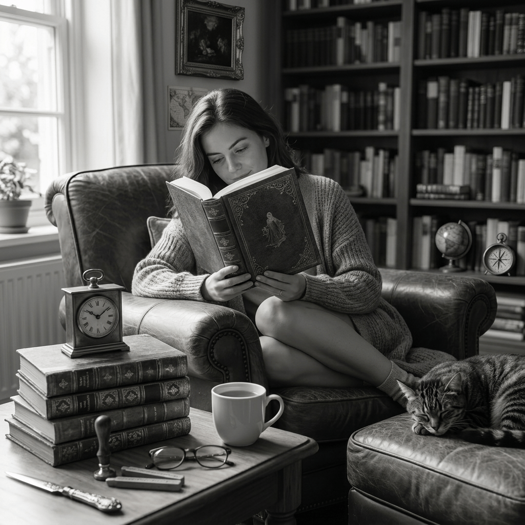 Woman reading 'The Gilded Shadows' on a leather armchair with a sleeping cat beside her