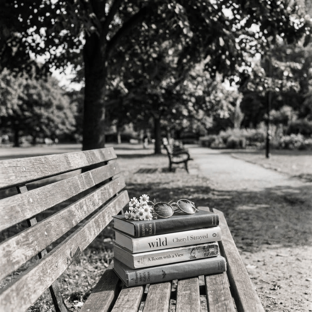 Stack of books with sunglasses and daisies on a wooden park bench in sunlight